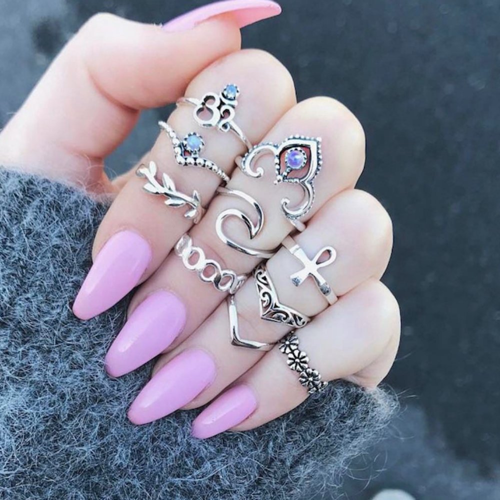 Silver Tone Bohemian Ring Set 10 assorted size 6 6.5 7 7.5 blue purple *